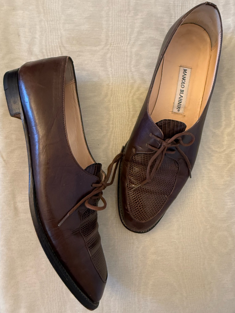 Manolo Blahnik Lizard Leather Lace Up Loafers Flats 39.5 Brown Signed Rare
